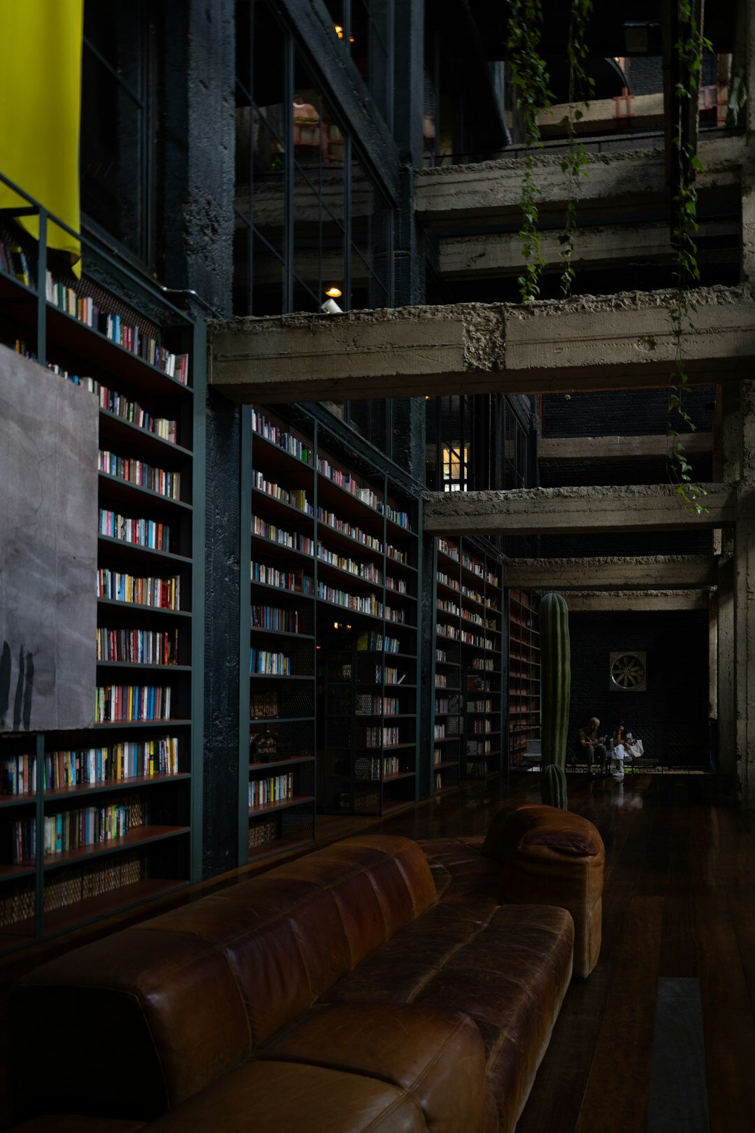 Cozy reading nook with a worn leather armchair surrounded by tall bookshelves and warm afternoon light
