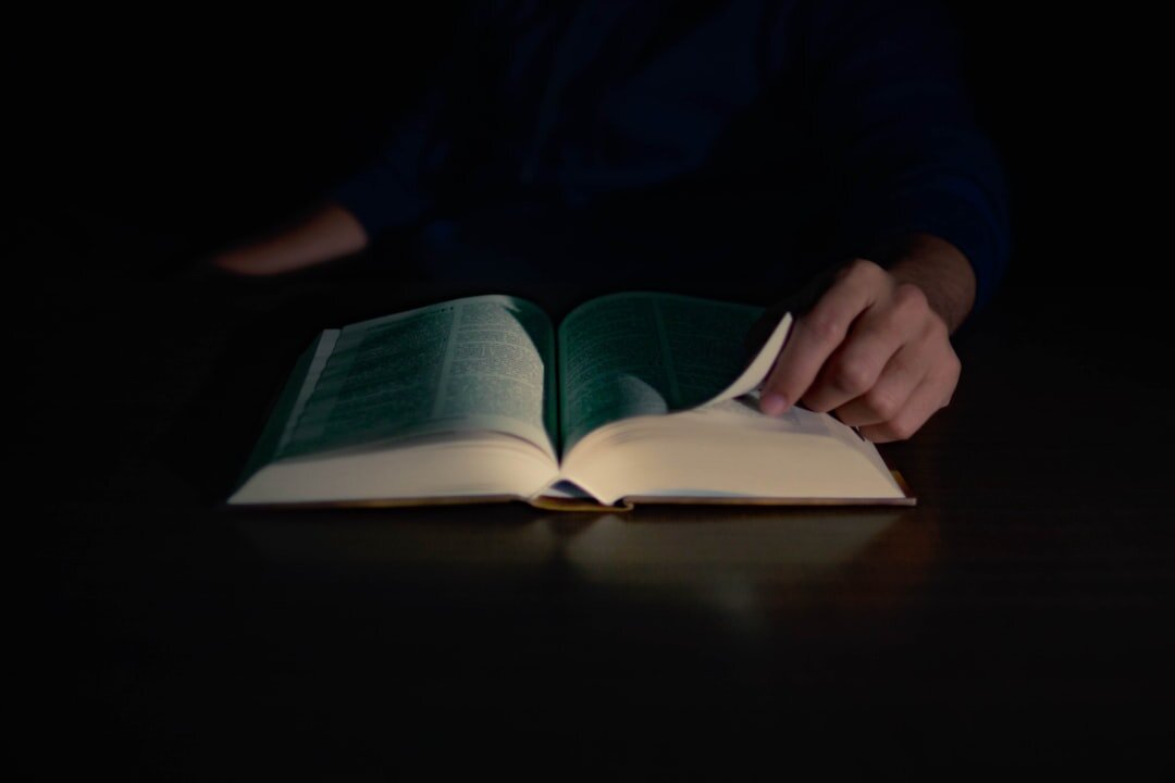 person reading mystery book at night